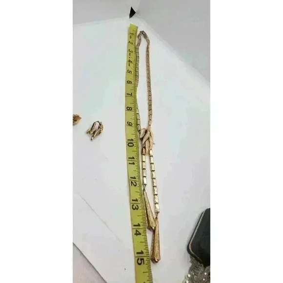 Vtg Gold Box Link Chain Necklace Earrings Faux Slide Leaves Tassel Laria… - Picture 6 of 9